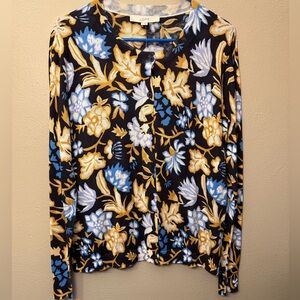 NWT LOFT Women's Floral Print Blue Yellow 100% Cotton Lightweight Cardigan